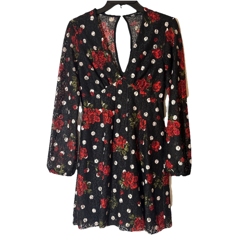Zara Mini Dress Women's Black Red Excellent Floral Polka Dot Lace XS